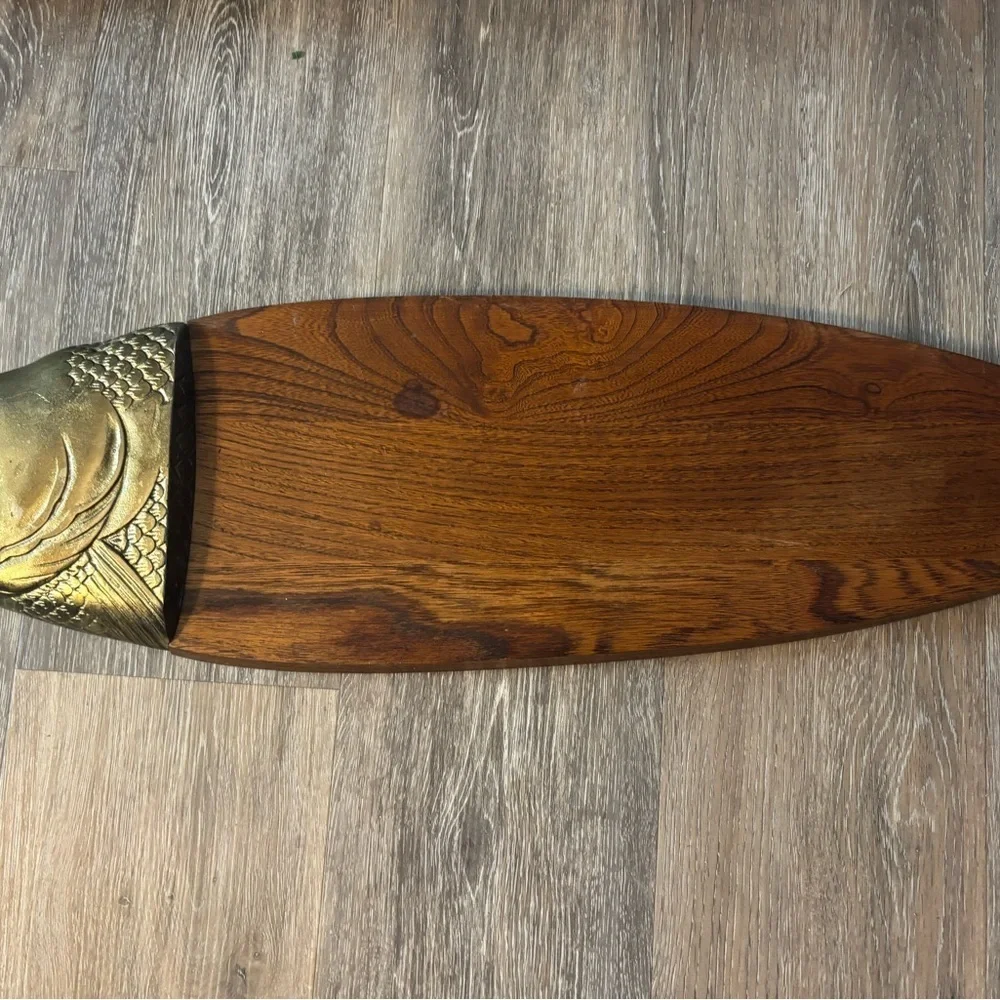 XL Wooden Salmom Fish-Shaped serving platter Cutting Board with Brass Accents
